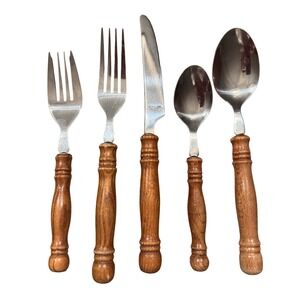 Vintage 38pc Wood Handle Flatware Set Stainless Taiwan Mid Century Rustic